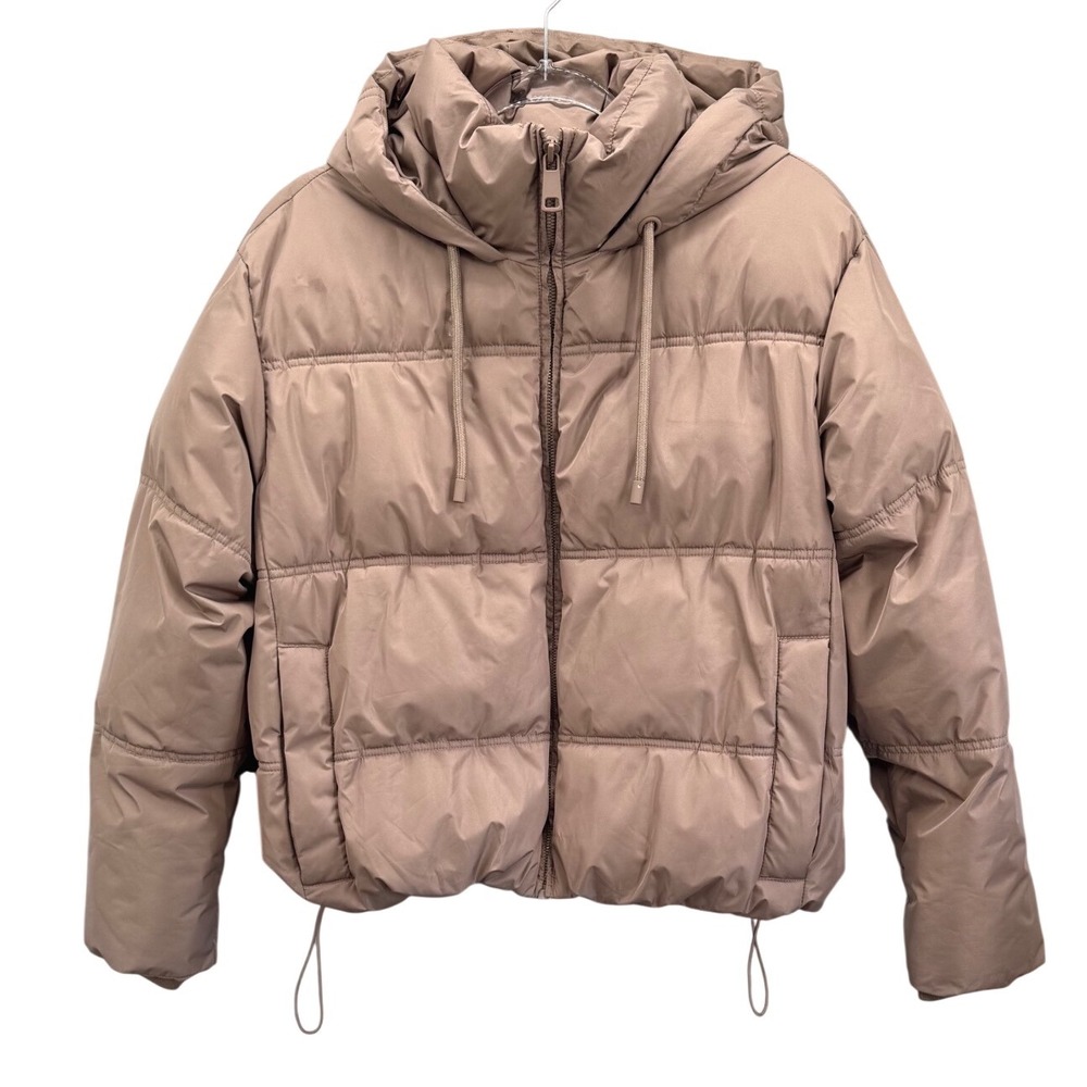 Zara Puffer Jacket Women Small Taupe Hooded Water-Repellent Cropped Outdoor